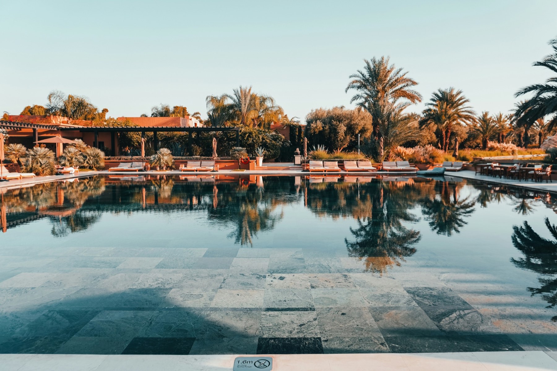 Jardin et piscine entre les palmiers à Marrakech — photo d'illustration